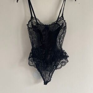 Vintage Nan Flower Black Lace Bodysuit Corset Style Ruffle Small Made in USA